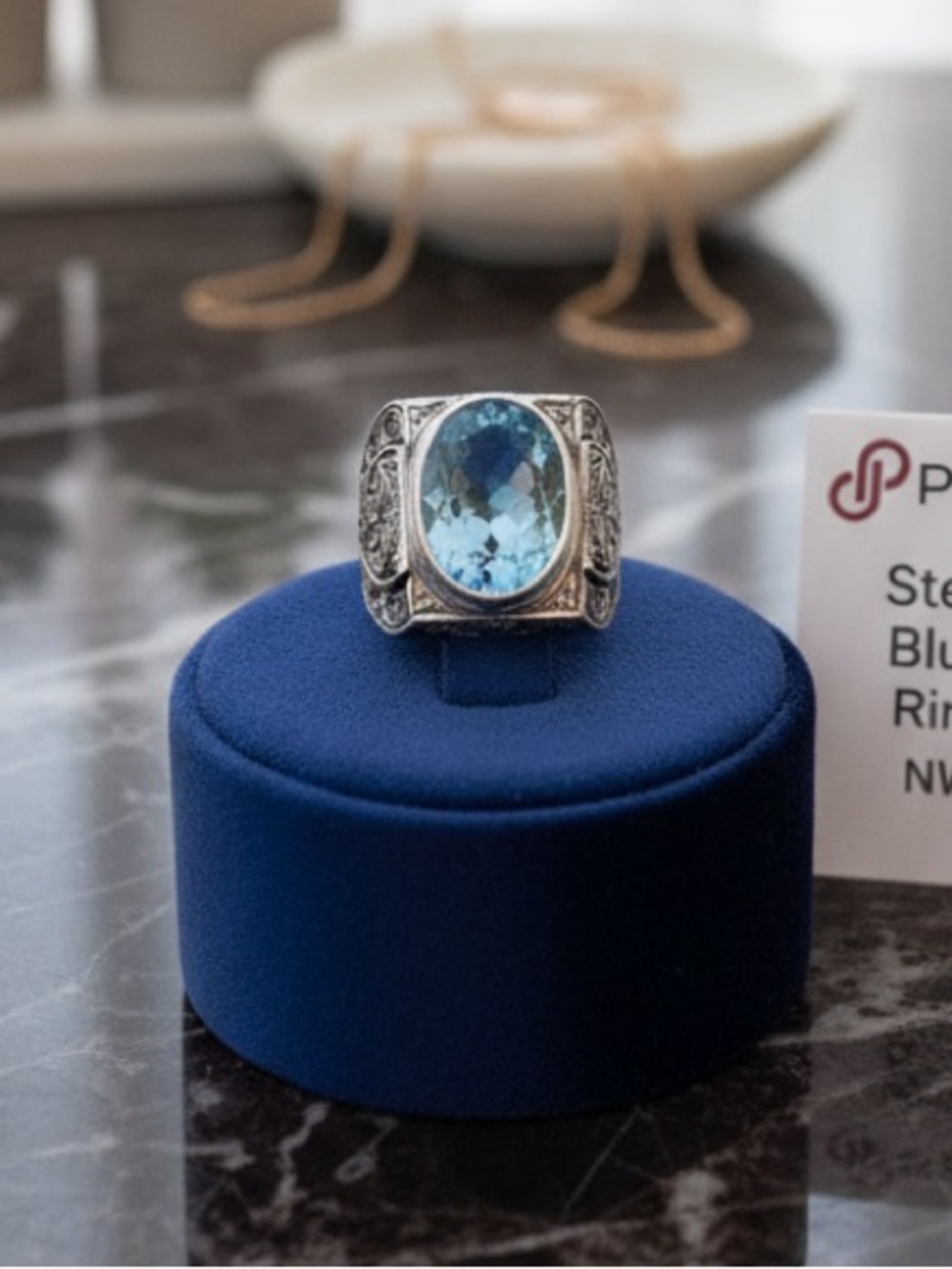 Artisan, Boho, Vintage Style Ottoman Style 925 Sterling Silver Aquamarine Ring - Picture 2 of 6